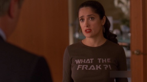 Salma Hayek in her “What the frak?!” shirt